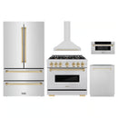 ZLINE 5-Piece Appliance Package - 36-Inch Autograph Edition Gas Range, Wall Mount Range Hood, 36-Inch French Door Refrigerator, Dishwasher, and 30-Inch Microwave Drawer in Stainless Steel with Gold Accents