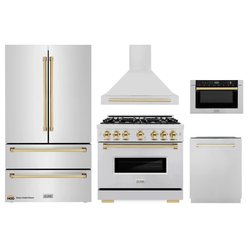 ZLINE 5-Piece Appliance Package - 36-Inch Gas Range, Hood, Refrigerator, Dishwasher, and Microwave Drawer in Stainless Steel with Gold Accents