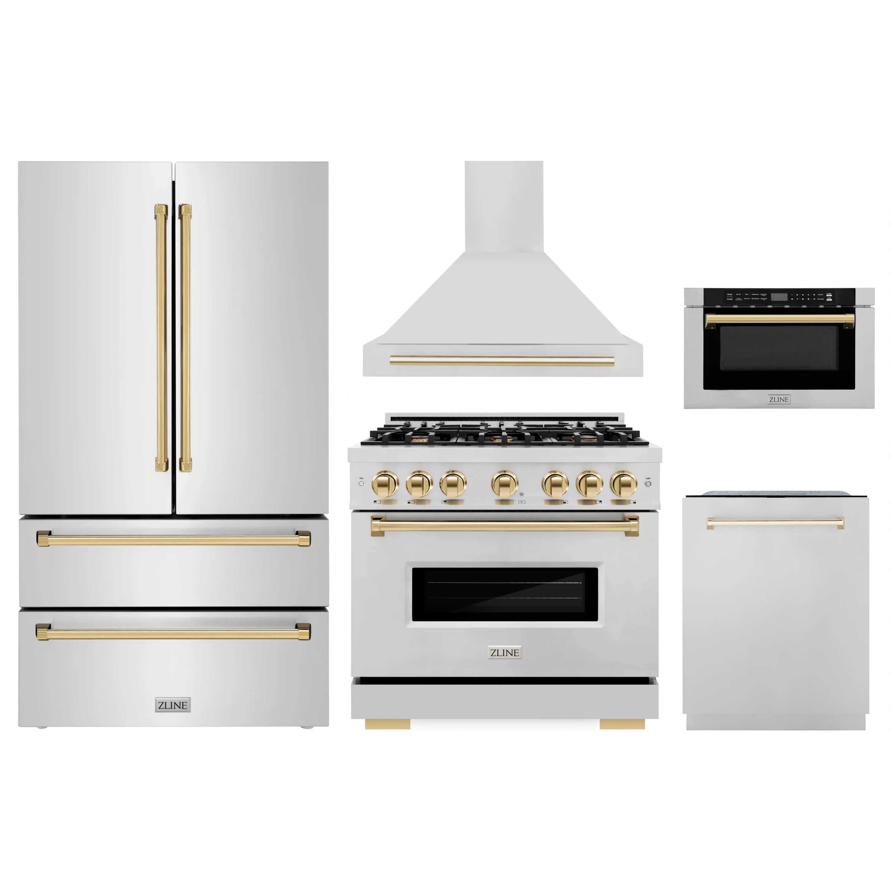 5-piece stainless steel appliance package with gold and black accents, front lineup.