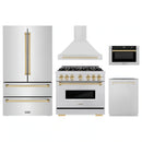 ZLINE 5-Piece Appliance Package - 36-Inch Gas Range, Hood, Refrigerator, Dishwasher, and Microwave Drawer in Stainless Steel with Gold Accents