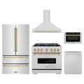 ZLINE 5-Piece Appliance Package - 36-Inch Gas Range, Hood, Refrigerator, Dishwasher, and Microwave Drawer in Stainless Steel with Gold Accents