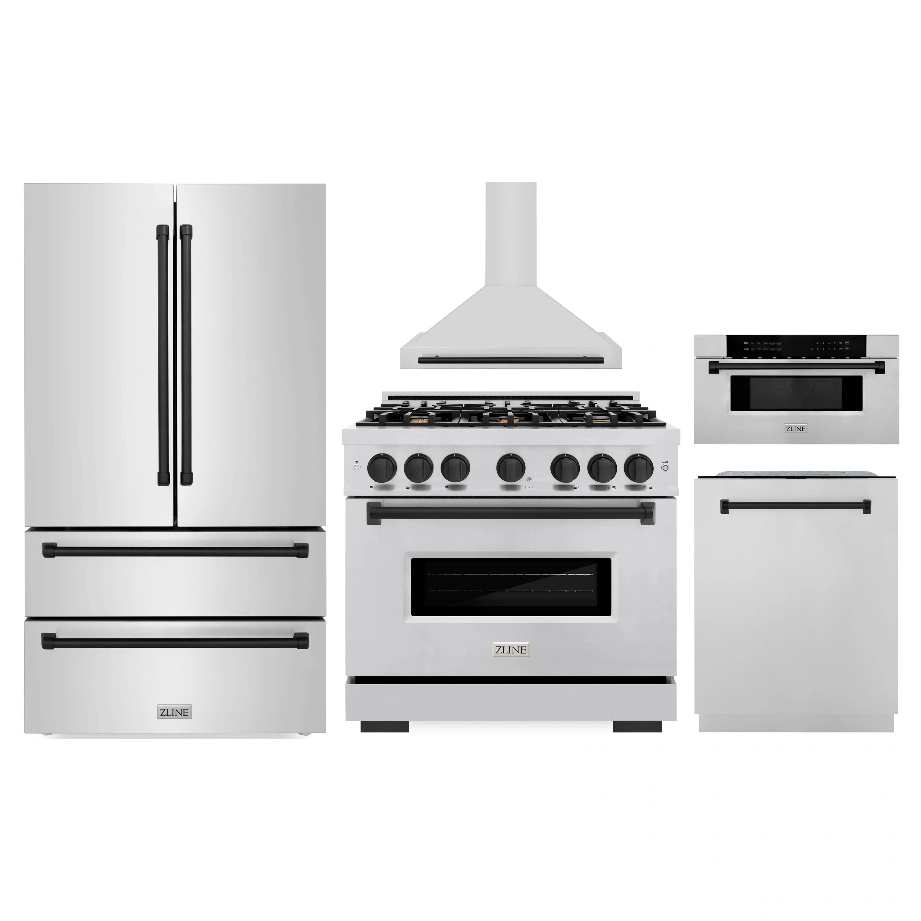 Stainless 5-piece appliance set with gas range, microwave drawer, hood, refrigerator, and dishwasher