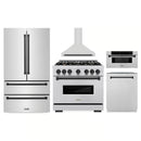 ZLINE 5-Piece Appliance Package - 36-Inch Autograph Edition Gas Range, Wall Mount Range Hood, 36-Inch French Door Refrigerator, Dishwasher, and 30-Inch Microwave Drawer in Stainless Steel Matte Black Accents