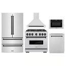 ZLINE 5-Piece Appliance Package - 36-Inch Gas Range, Hood, Refrigerator, Dishwasher, and Microwave Drawer in Stainless Steel with Matte Black Accents
