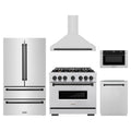 ZLINE 5-Piece Appliance Package - 36-Inch Gas Range, Hood, Refrigerator, Dishwasher, and Microwave Drawer in Stainless Steel with Matte Black Accents