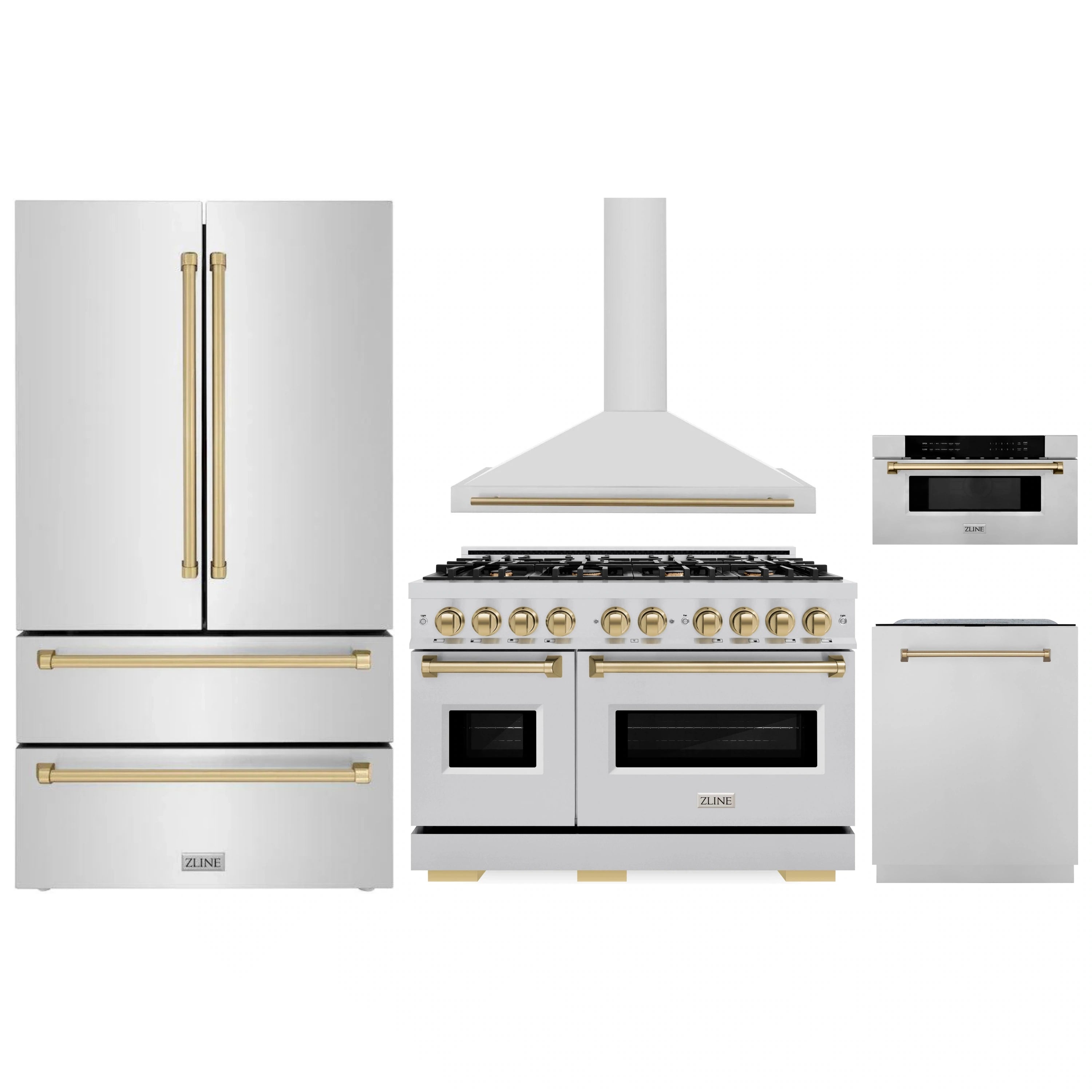 Stainless steel appliance set with refrigerator, gas range, wall hood, and microwave drawer