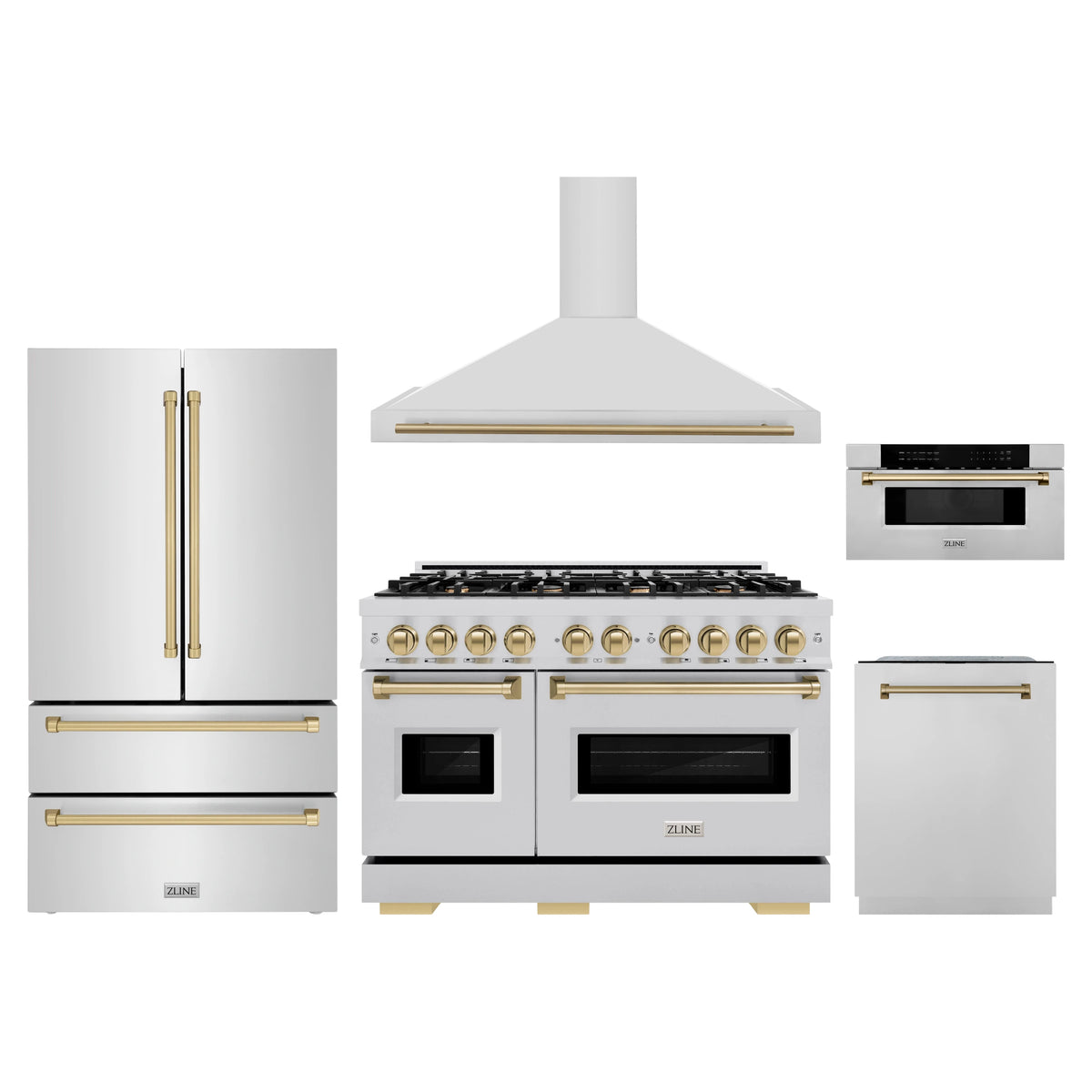 ZLINE 5-Piece Appliance Package - 48-Inch Autograph Edition Gas Range, Wall Mount Range Hood, 36-Inch French Door Refrigerator, Dishwasher, and 30-Inch Microwave Drawer in Stainless Steel with Champagne Bronze Accents