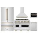 ZLINE 5-Piece Appliance Package - 48-Inch Gas Range, Hood, Refrigerator, Dishwasher, and Microwave Drawer in Stainless Steel with Champagne Bronze Accents