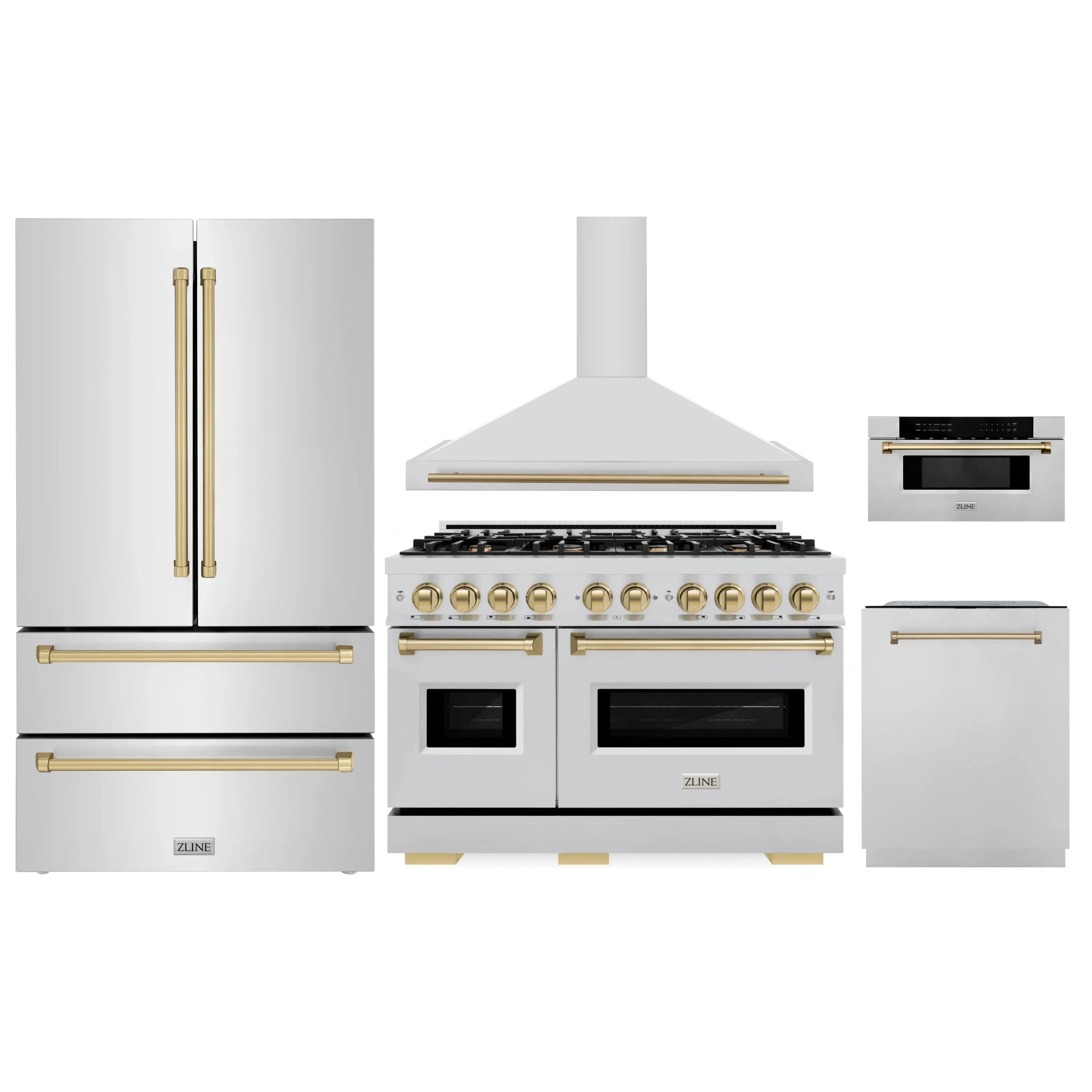 Kitchen appliance set with chimney range hood, gas range, microwave and refrigerator in stainless