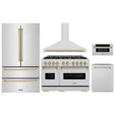 ZLINE 5-Piece Appliance Package - 48-Inch Gas Range, Hood, Refrigerator, Dishwasher, and Microwave Drawer in Stainless Steel with Champagne Bronze Accents