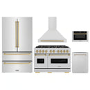 ZLINE 5-Piece Appliance Package - 48-Inch Gas Range, Hood, Refrigerator, Dishwasher, and Microwave Drawer in Stainless Steel with Champagne Bronze Accents