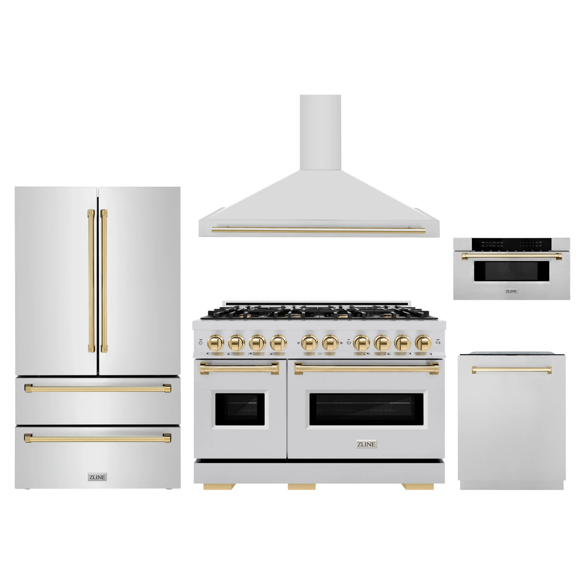 ZLINE 5-Piece Appliance Package - 48-Inch Autograph Edition Gas Range, Wall Mount Range Hood, 36-Inch French Door Refrigerator, Dishwasher, and 30-Inch Microwave Drawer in Stainless Steel with Gold Accents