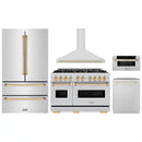 ZLINE 5-Piece Appliance Package - 48-Inch Autograph Edition Gas Range, Wall Mount Range Hood, 36-Inch French Door Refrigerator, Dishwasher, and 30-Inch Microwave Drawer in Stainless Steel with Gold Accents
