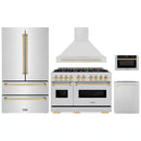 ZLINE 5-Piece Appliance Package - 48-Inch Gas Range, Hood, Refrigerator, Dishwasher, and Microwave Drawer in Stainless Steel with Gold Accents