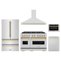 ZLINE 5-Piece Appliance Package - 48-Inch Gas Range, Hood, Refrigerator, Dishwasher, and Microwave Drawer in Stainless Steel with Gold Accents