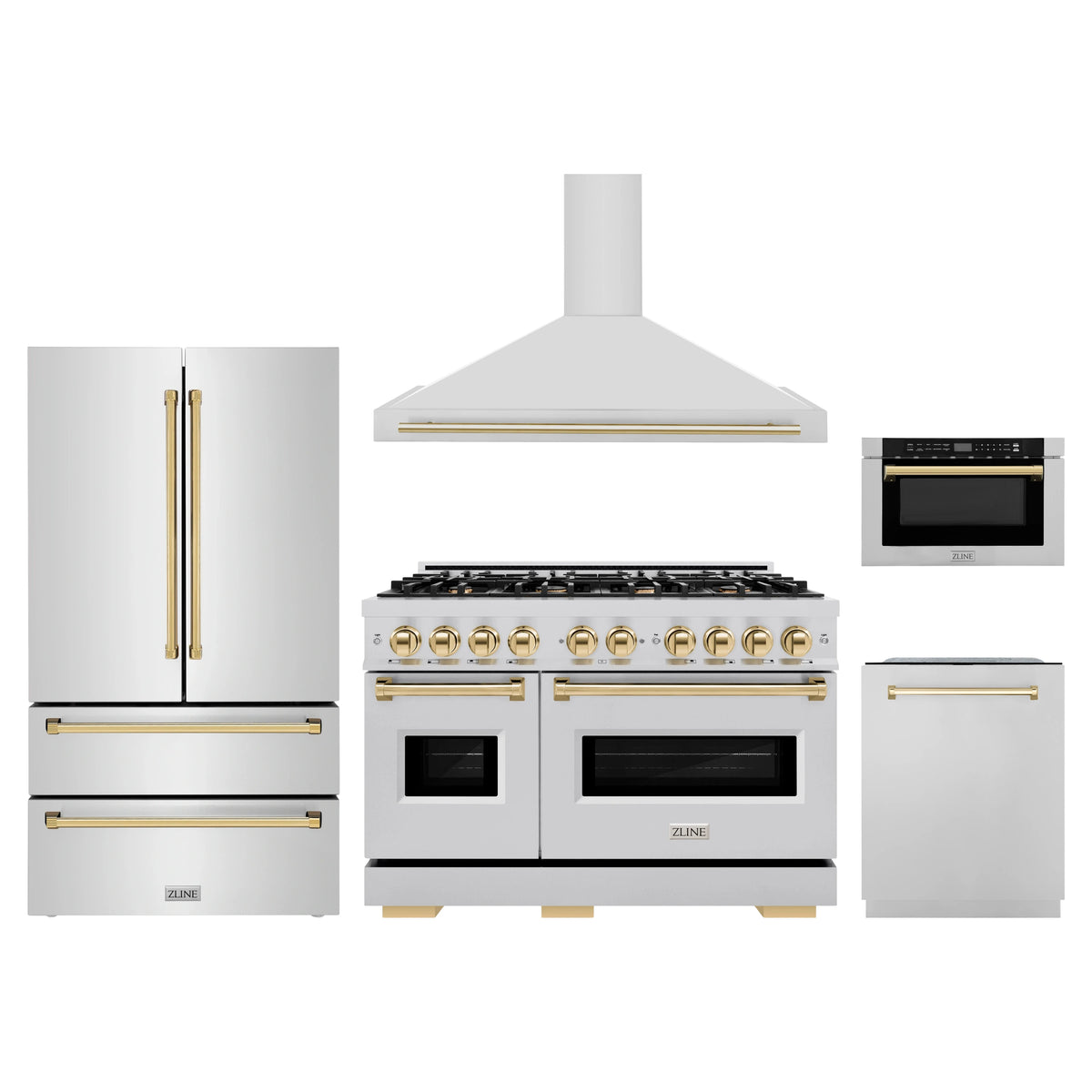 ZLINE 5-Piece Appliance Package - 48-Inch Gas Range, Hood, Refrigerator, Dishwasher, and Microwave Drawer in Stainless Steel with Gold Accents
