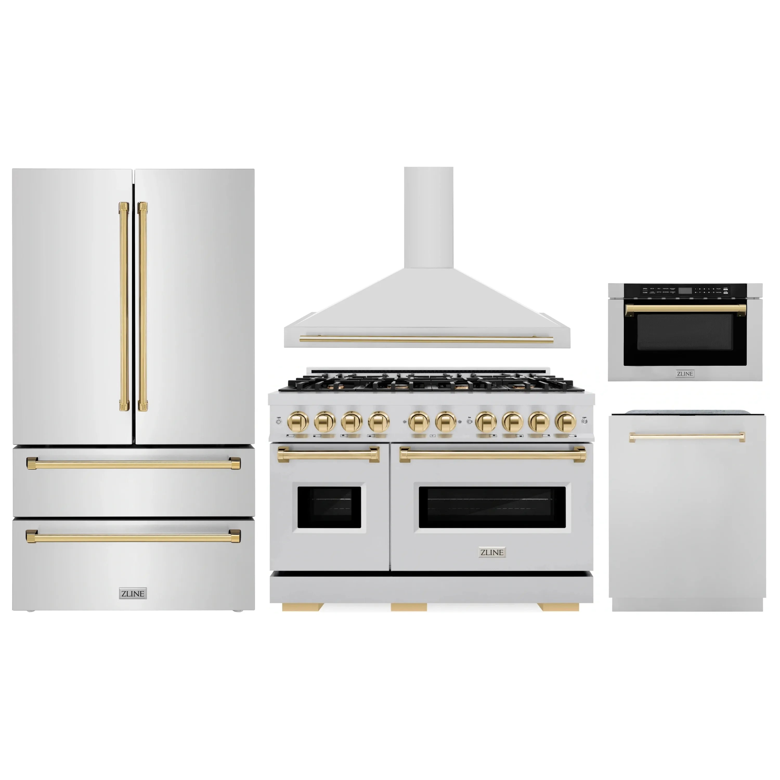 Kitchen appliance package with stainless range, hood, fridge, and microwave drawer