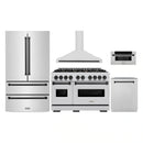 ZLINE 5-Piece Appliance Package - 48-Inch Autograph Edition Gas Range, Wall Mount Range Hood, 36-Inch French Door Refrigerator, Dishwasher, and 30-Inch Microwave Drawer in Stainless Steel Matte Black Accents