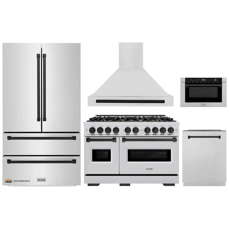 ZLINE 5-Piece Appliance Package - 48-Inch Gas Range, Hood, Refrigerator, Dishwasher, and Microwave Drawer in Stainless Steel with Matte Black Accents