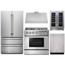 Thor Kitchen 5-Piece Pro Appliance Package - 36-Inch Dual Fuel Range with Propane Gas Cooktop , French Door Refrigerator, Under Cabinet Hood, Dishwasher, and Wine Cooler in Stainless Steel