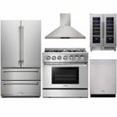 Thor Kitchen 5-Piece Pro Appliance Package - 36-Inch Dual Fuel Range with Propane Gas Cooktop , French Door Refrigerator, Wall Mount Hood, Dishwasher, and Wine Cooler in Stainless Steel