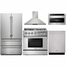 Thor Kitchen 5-Piece Pro Appliance Package - 36-Inch Dual Fuel Range with Propane Gas Cooktop , French Door Refrigerator, Wall Mount Hood, Dishwasher & Microwave Drawer in Stainless Steel