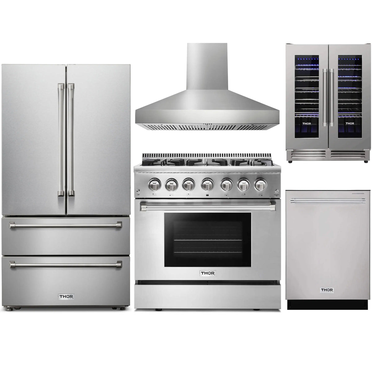 Stainless steel appliance set with range, wall hood, refrigerator, and wine cooler