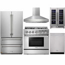 Thor Kitchen 5-Piece Pro Appliance Package - 36-Inch Dual Fuel Range with Propane Gas Cooktop , French Door Refrigerator, Pro-Style Wall Mount Hood, Dishwasher, and Wine Cooler in Stainless Steel