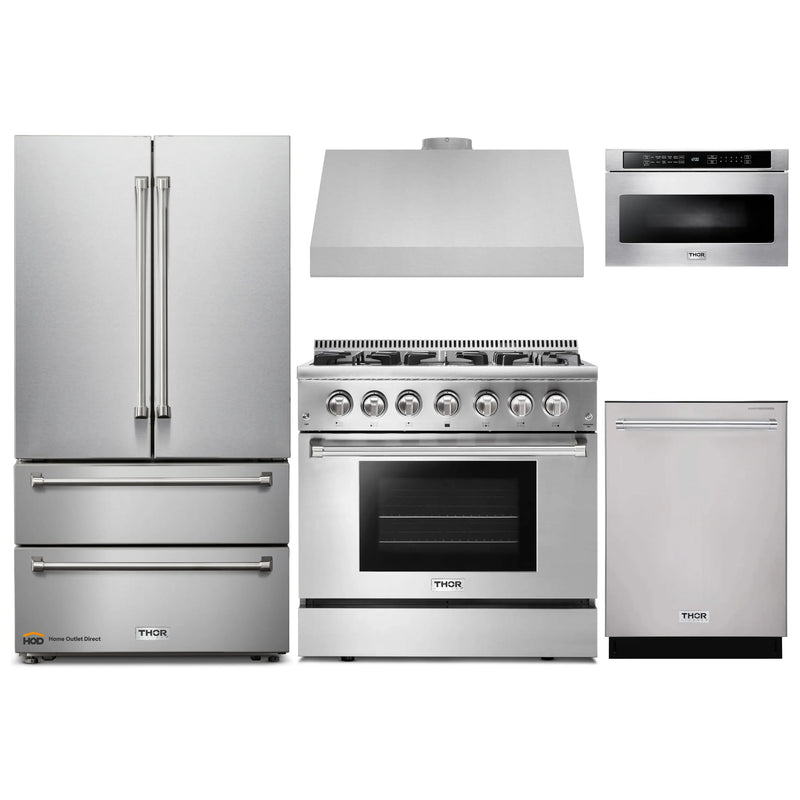 Thor Kitchen 5-Piece Pro Appliance Package - 36-Inch Dual Fuel Range with Propane Gas Cooktop , French Door Refrigerator, Under Cabinet Hood, Dishwasher, and Microwave Drawer in Stainless Steel