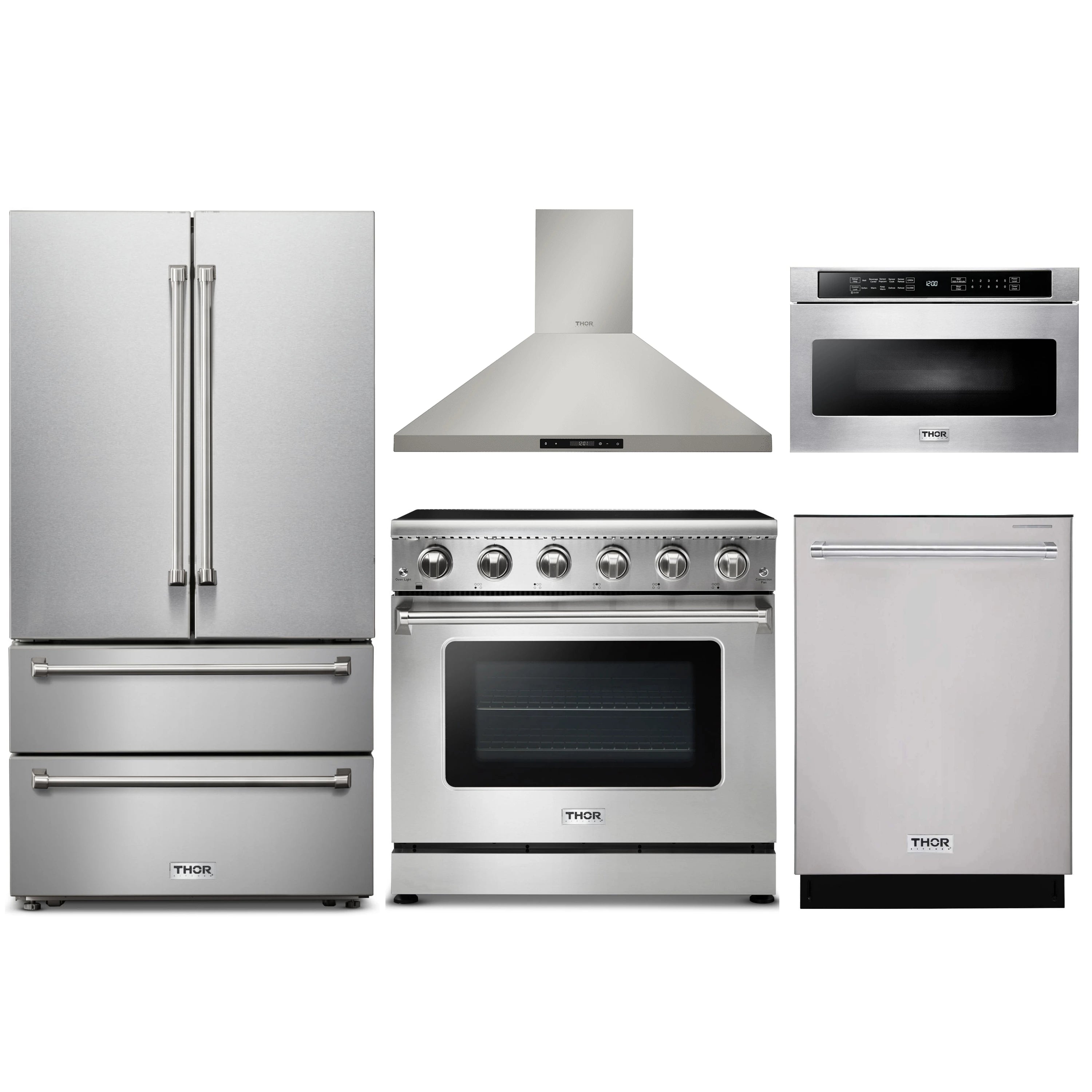 Stainless steel kitchen appliance package: fridge, range, hood, dishwasher