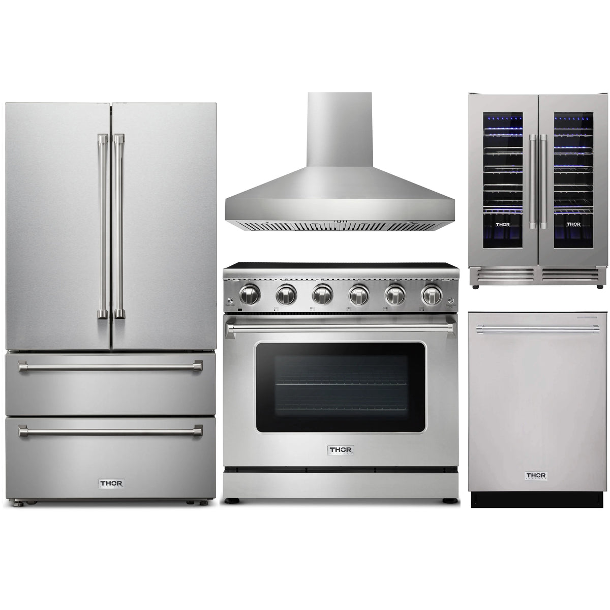 Stainless steel appliance package: fridge, electric range, wall hood, wine cooler