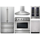 Thor Kitchen 5-Piece Appliance Package - 36-Inch Electric Range, French Door Refrigerator, Pro-Style Wall Mount Hood, Dishwasher, & Wine Cooler in Stainless Steel