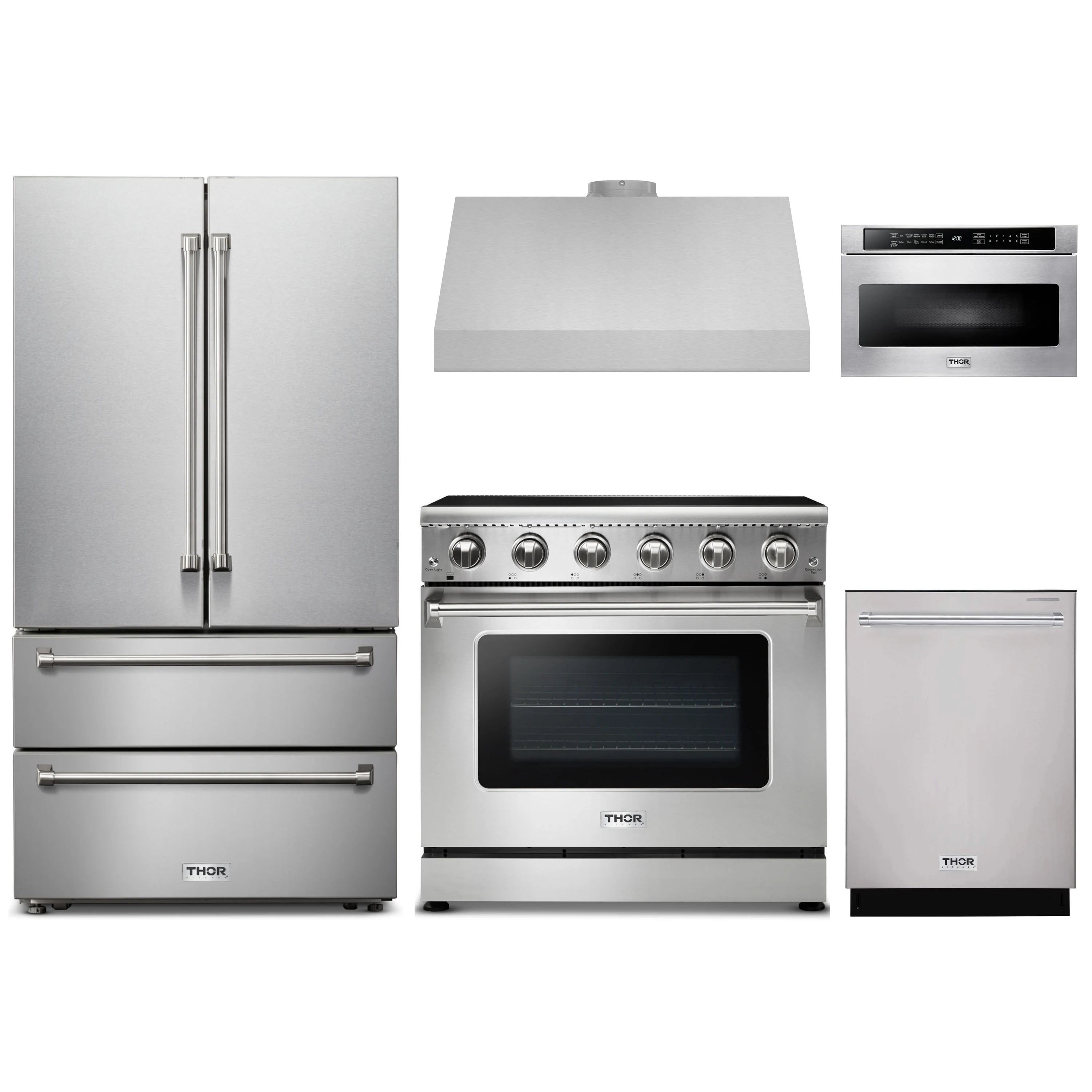 Stainless steel appliance set: French door fridge, electric range, hood, dishwasher, microwave drawer