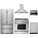 Thor Kitchen 5-Piece Pro Appliance Package - 36-Inch Propane Gas Range, French Door Refrigerator, Wall Mount Hood, Dishwasher, and Microwave Drawer in Stainless Steel