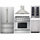 Thor Kitchen 5-Piece Pro Appliance Package - 36-Inch Propane Gas Range, French Door Refrigerator, Wall Mount Hood, Dishwasher, and Wine Cooler in Stainless Steel