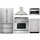 Thor Kitchen 5-Piece Pro Appliance Package - 36-Inch Propane Gas Range, French Door Refrigerator, Wall Mount Hood, Dishwasher, and Microwave Drawer in Stainless Steel