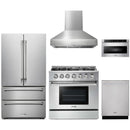 Thor Kitchen 5-Piece Pro Appliance Package - 36-Inch Propane Gas Range, French Door Refrigerator, Pro-Style Wall Mount Hood, Dishwasher, and Microwave Drawer in Stainless Steel