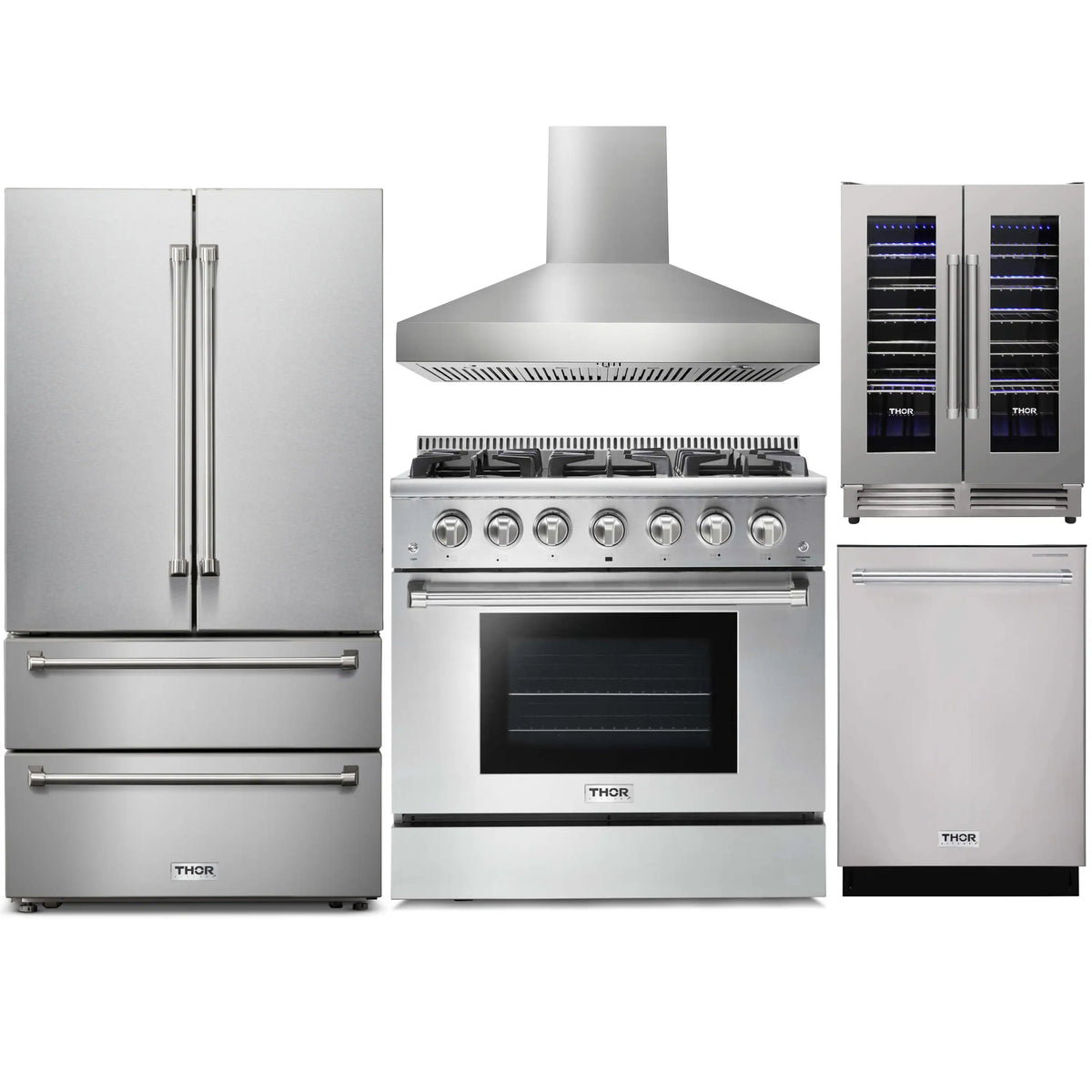 Stainless steel appliance set: French door refrigerator, gas range, wine cooler