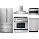 Thor Kitchen 5-Piece Pro Appliance Package - 36-Inch Propane Gas Range, French Door Refrigerator, Pro-Style Wall Mount Hood, Dishwasher, and Microwave Drawer in Stainless Steel