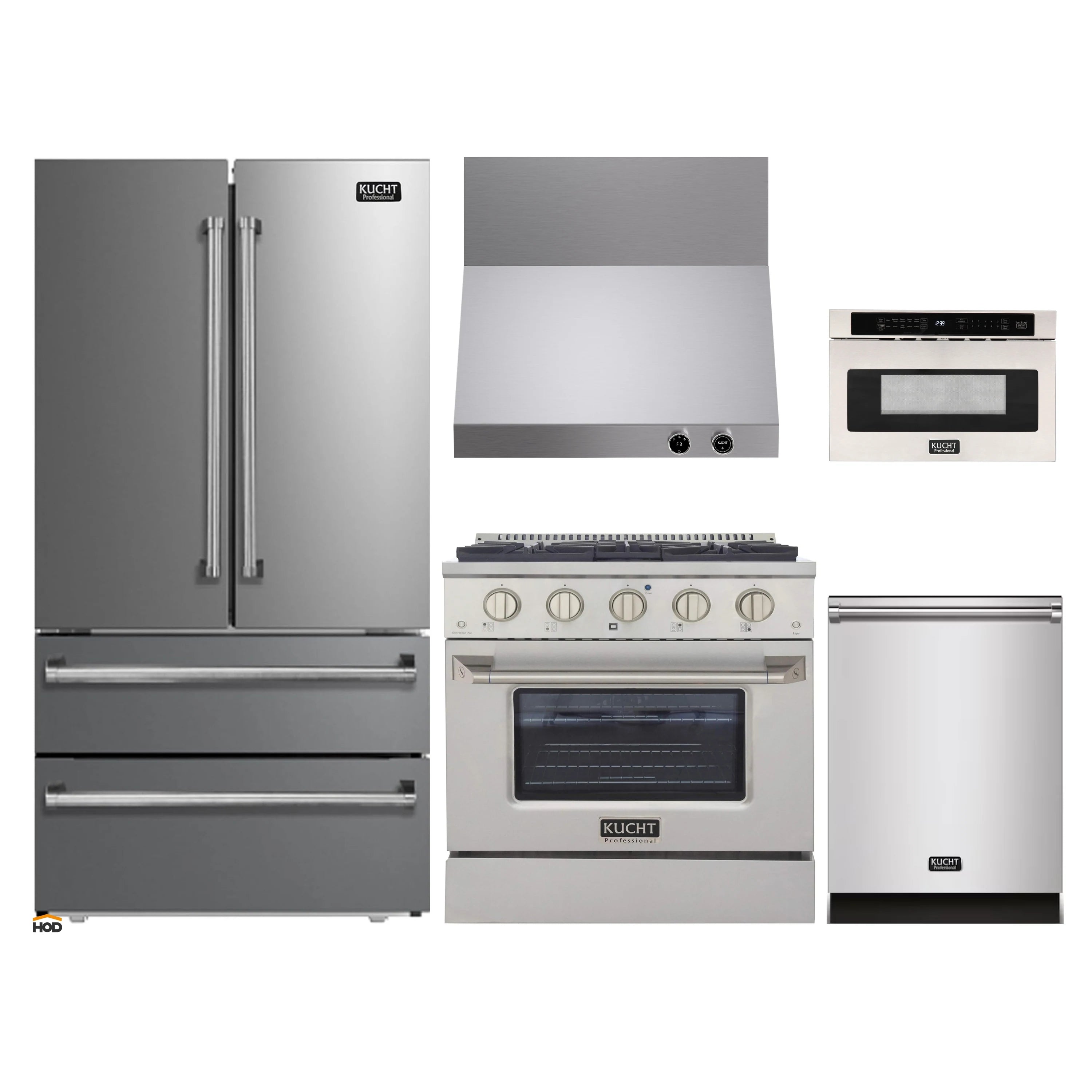 Stainless steel appliance package lineup with refrigerator, range, microwave, and hood