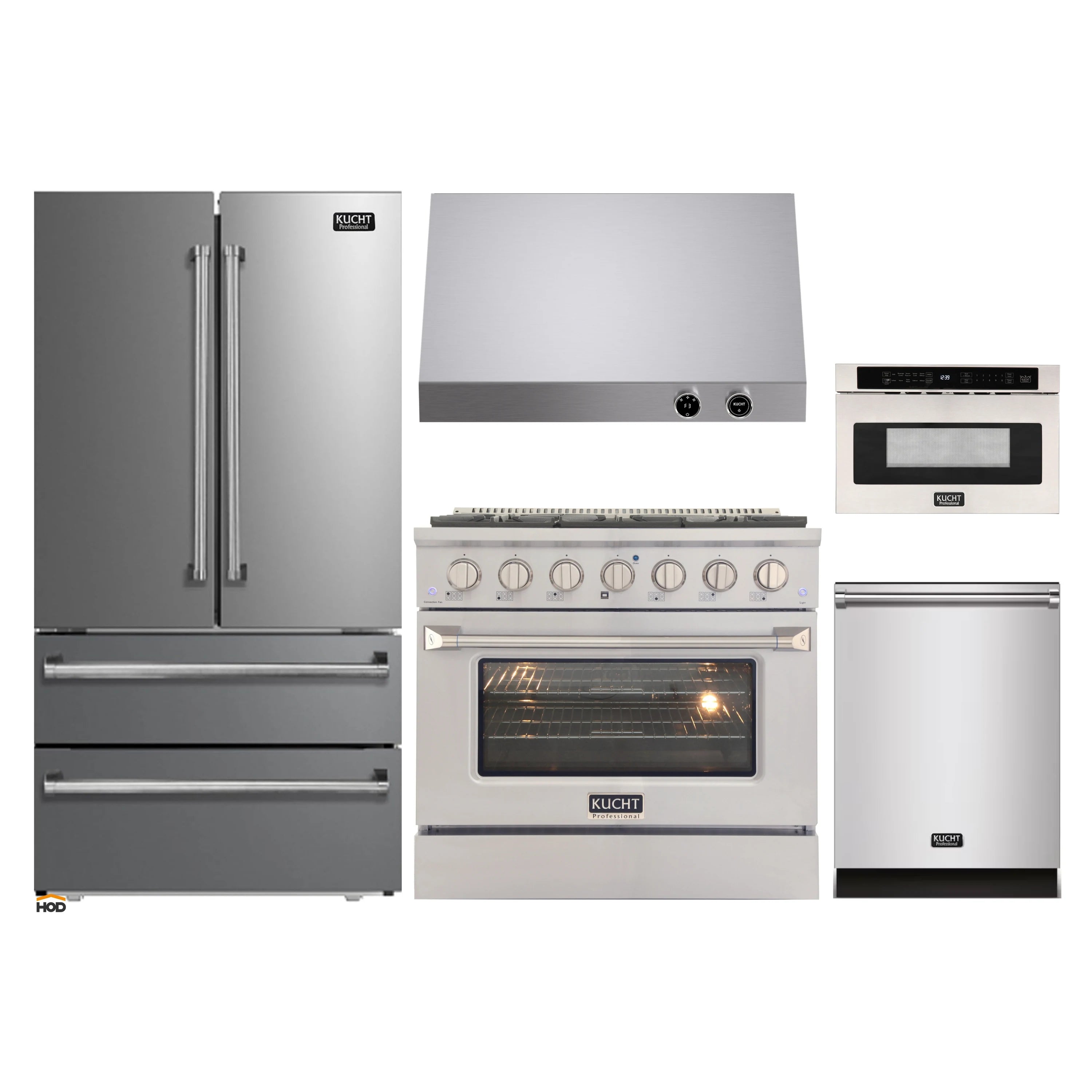 Stainless steel appliance bundle showing refrigerator, range, oven, and cooktop
