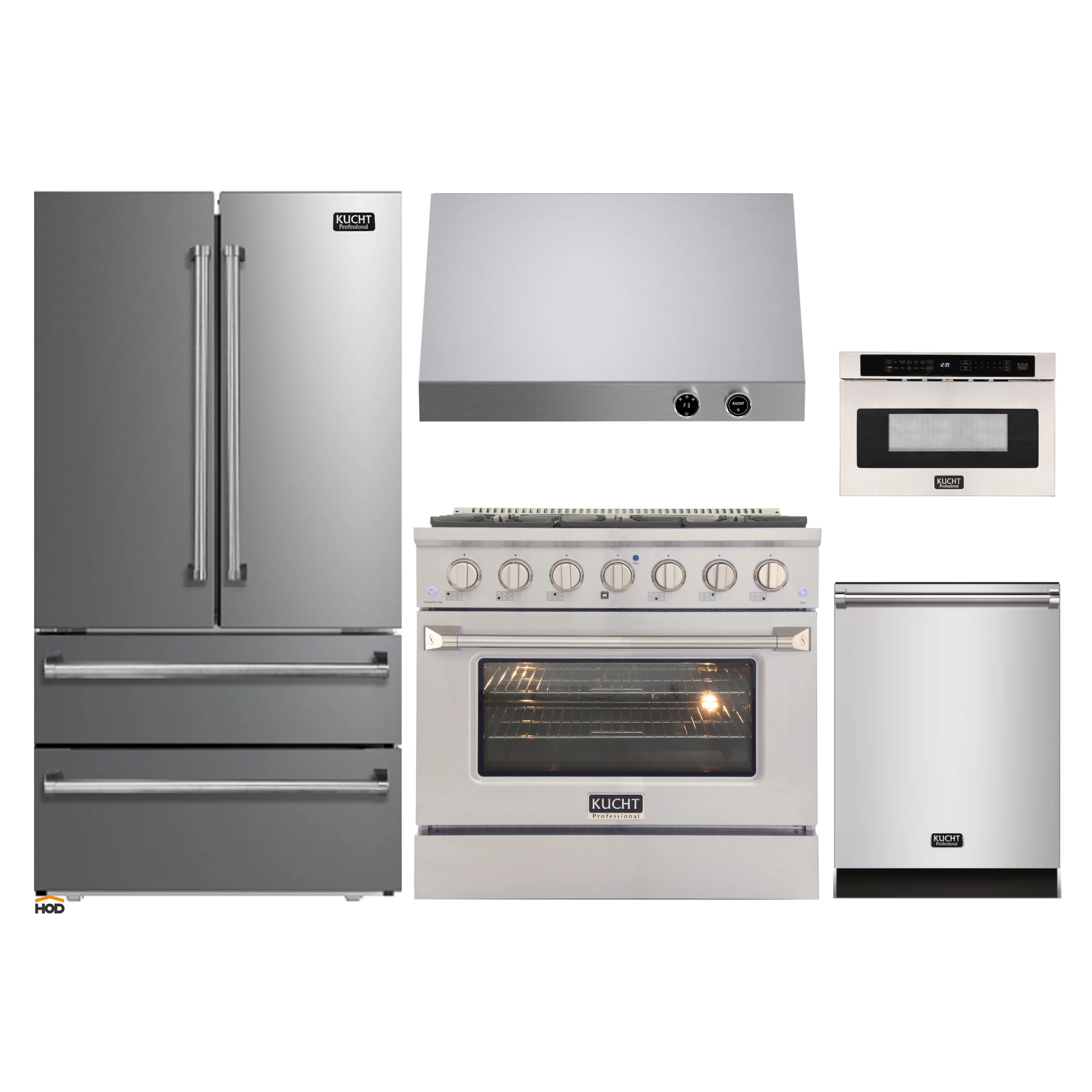 Stainless steel appliance set with refrigerator, range, microwave, and under-cabinet hood