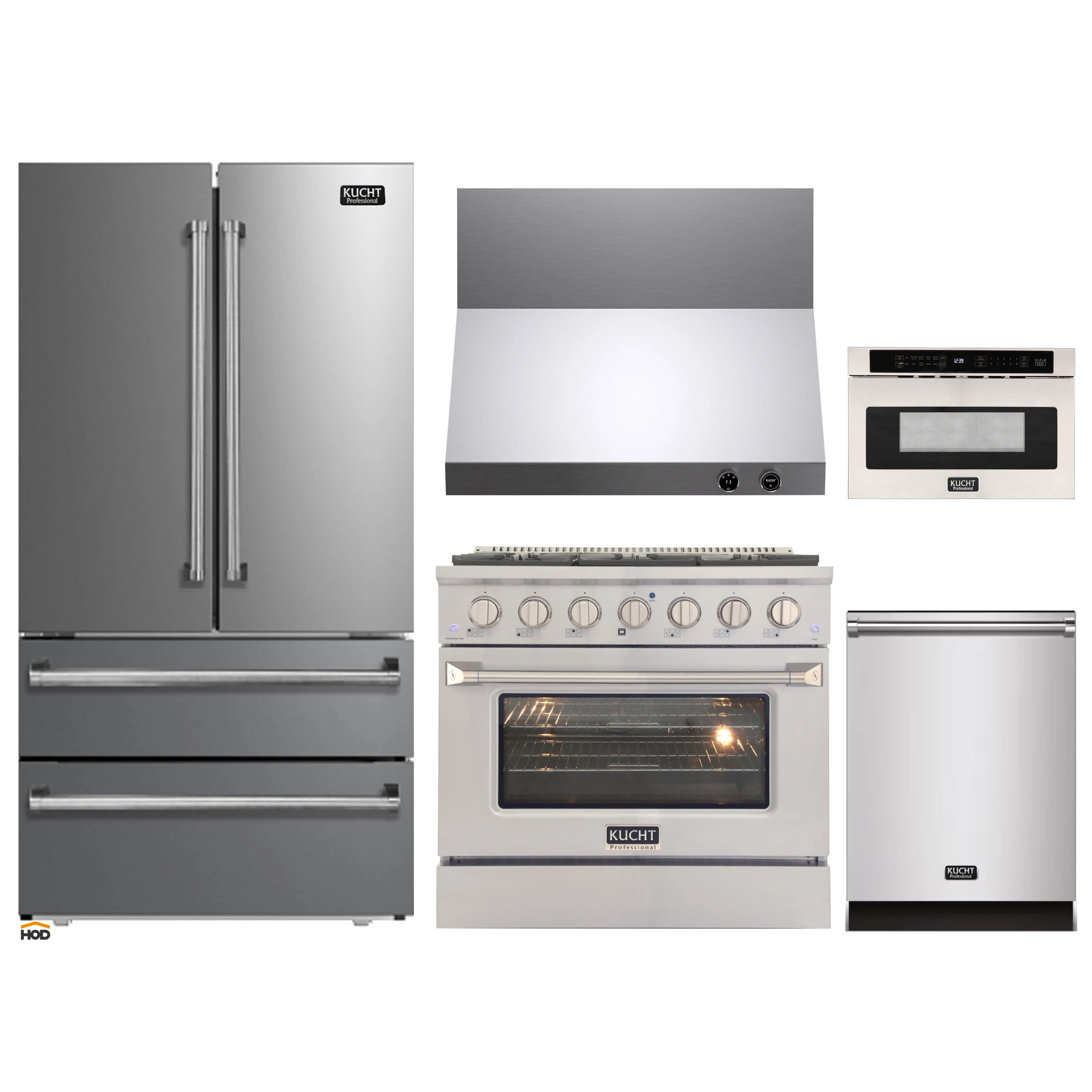 Stainless steel appliance package showing refrigerator, range, microwave, and range hood