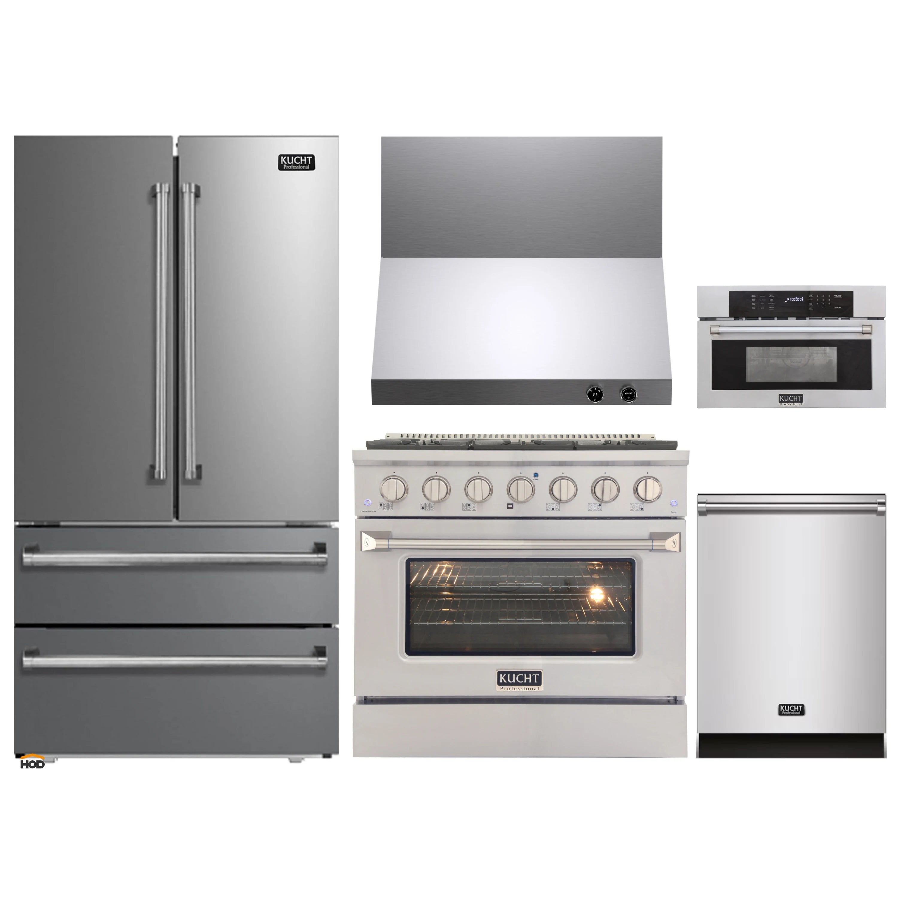 Kucht stainless steel appliance package with refrigerator, gas range, range hood, and wall oven