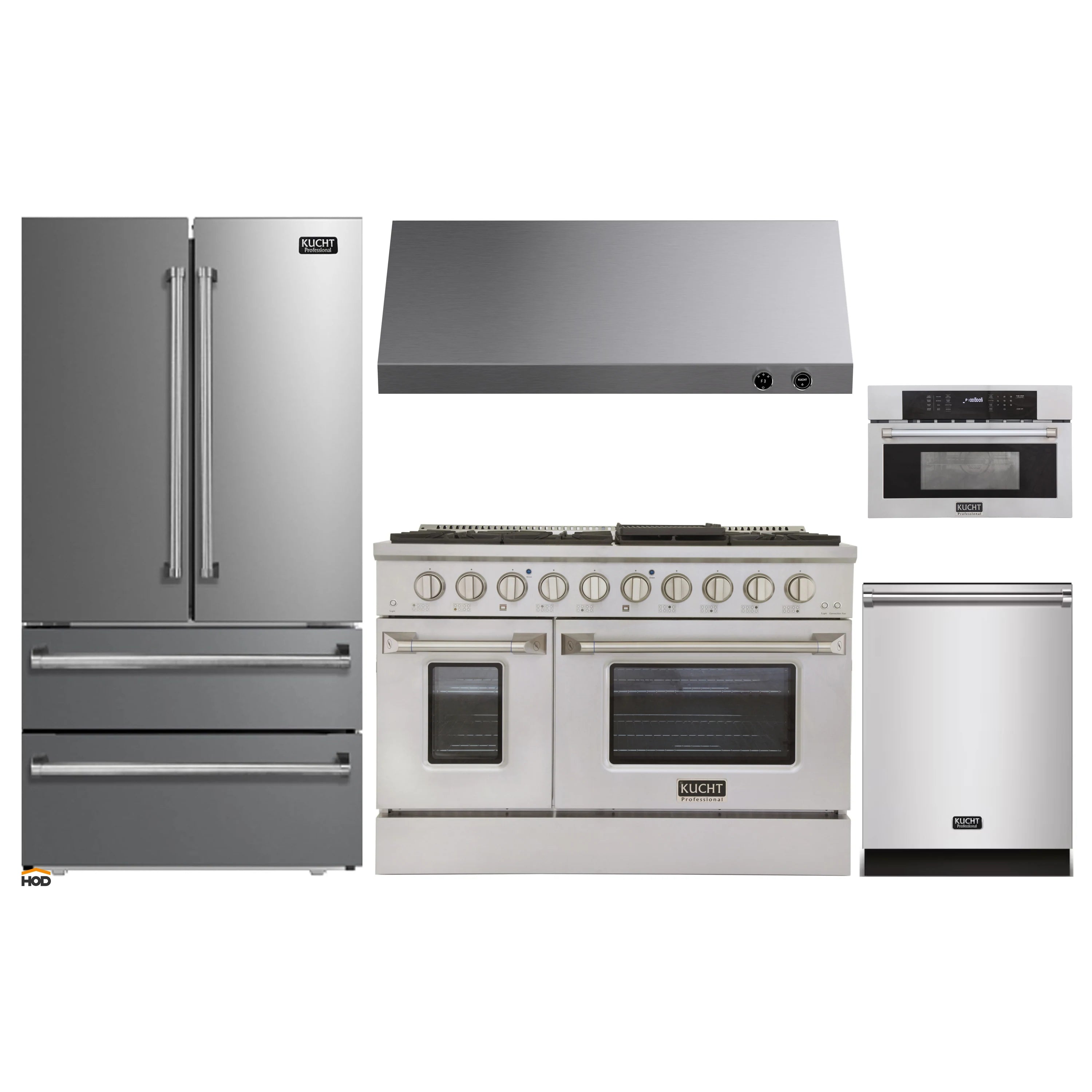 Kucht appliance package with stainless steel refrigerator, gas range, wall oven and hood