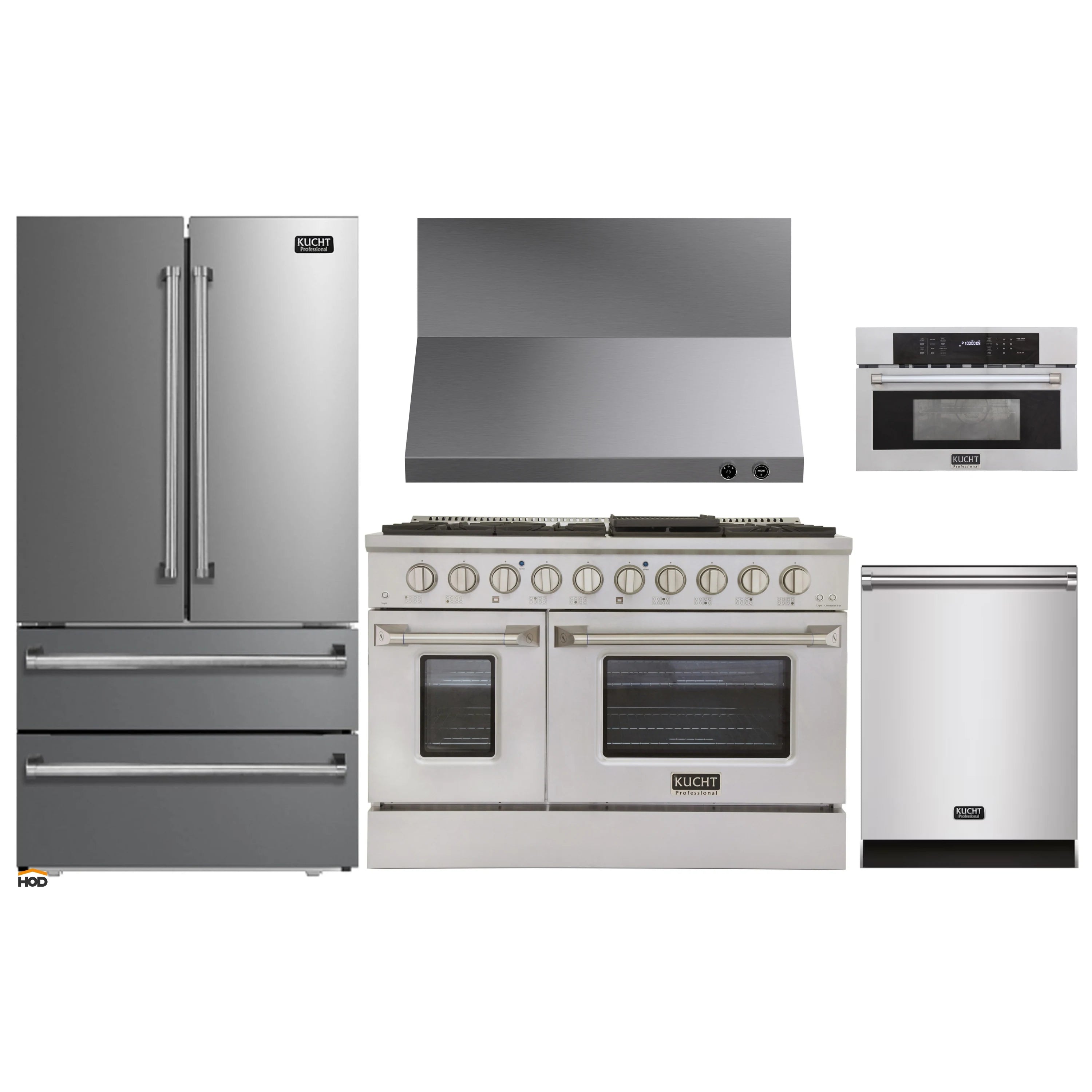 Stainless steel Kucht appliance package featuring refrigerator and dual fuel range