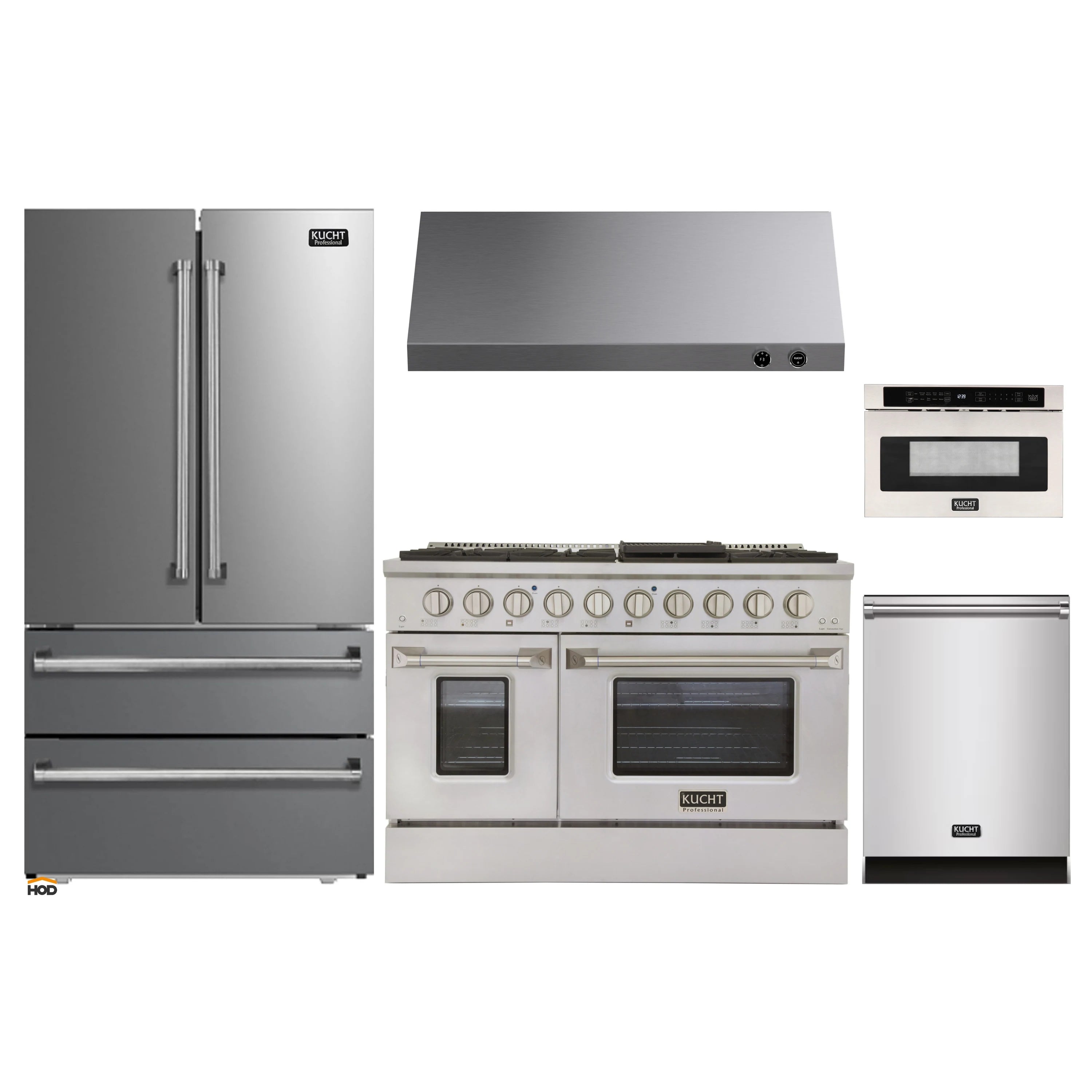 Stainless kitchen appliance set featuring oven range, hood, refrigerator, and microwave