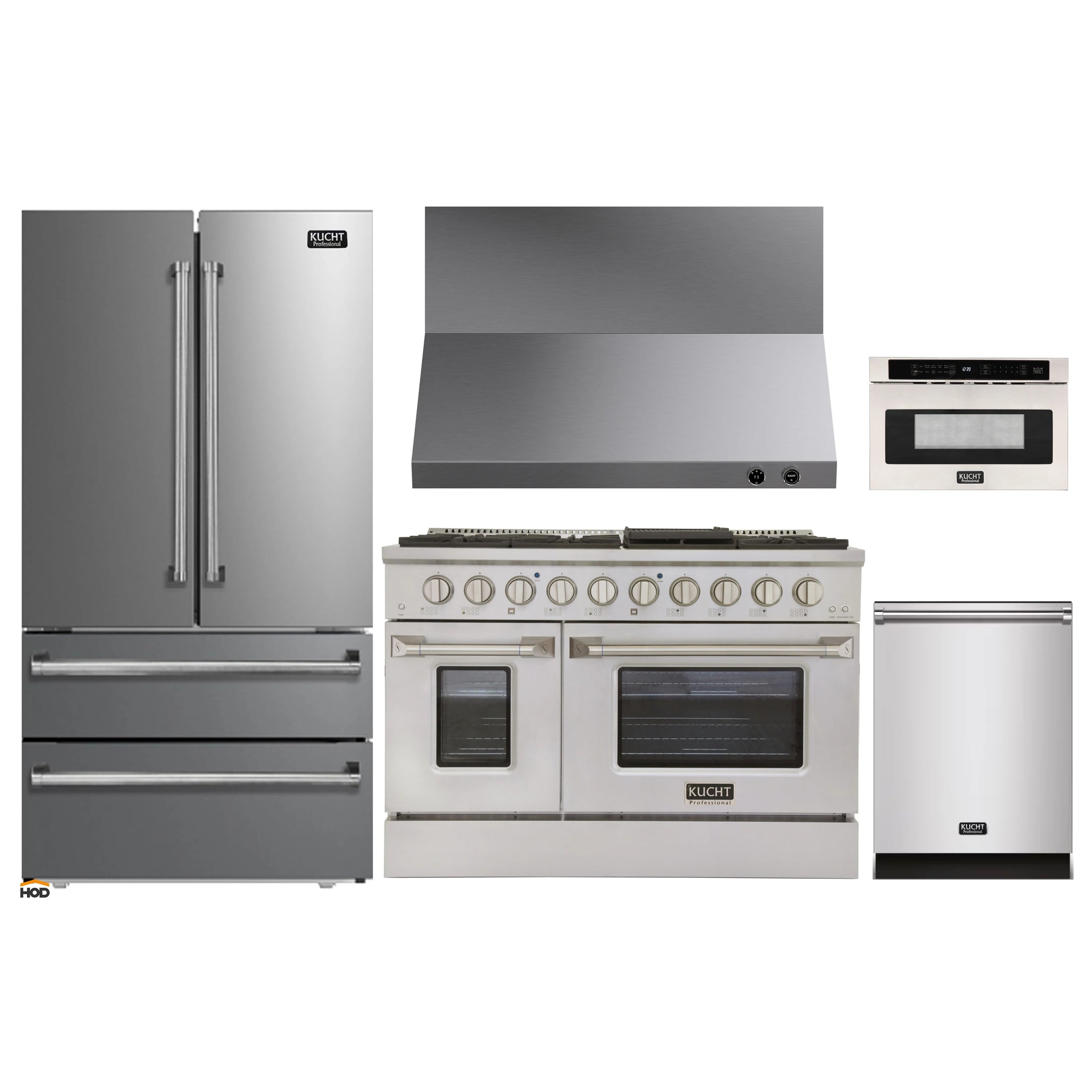 Stainless steel Kucht appliance set: refrigerator, gas range, range hood, dishwasher