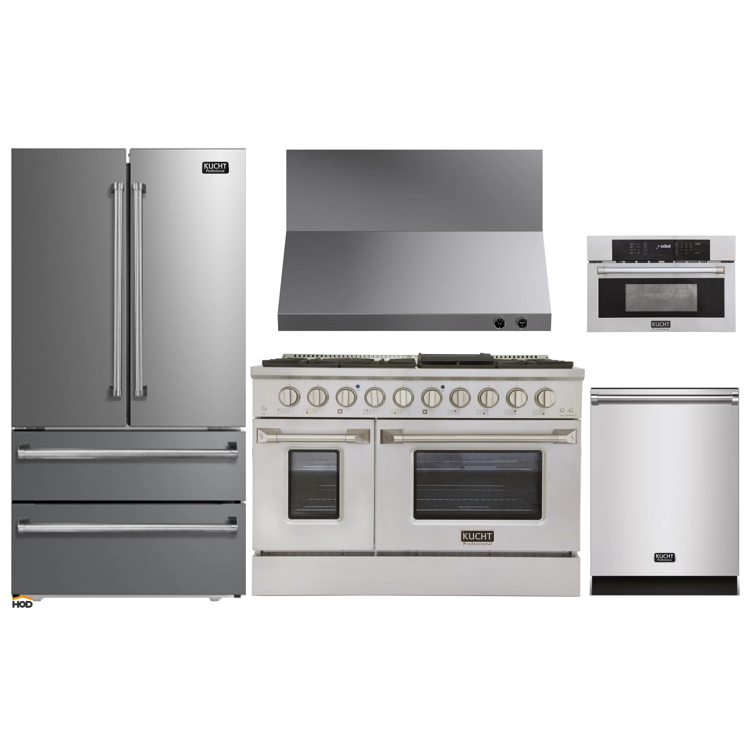 Stainless steel Kucht appliance set featuring refrigerator, range, and oven units