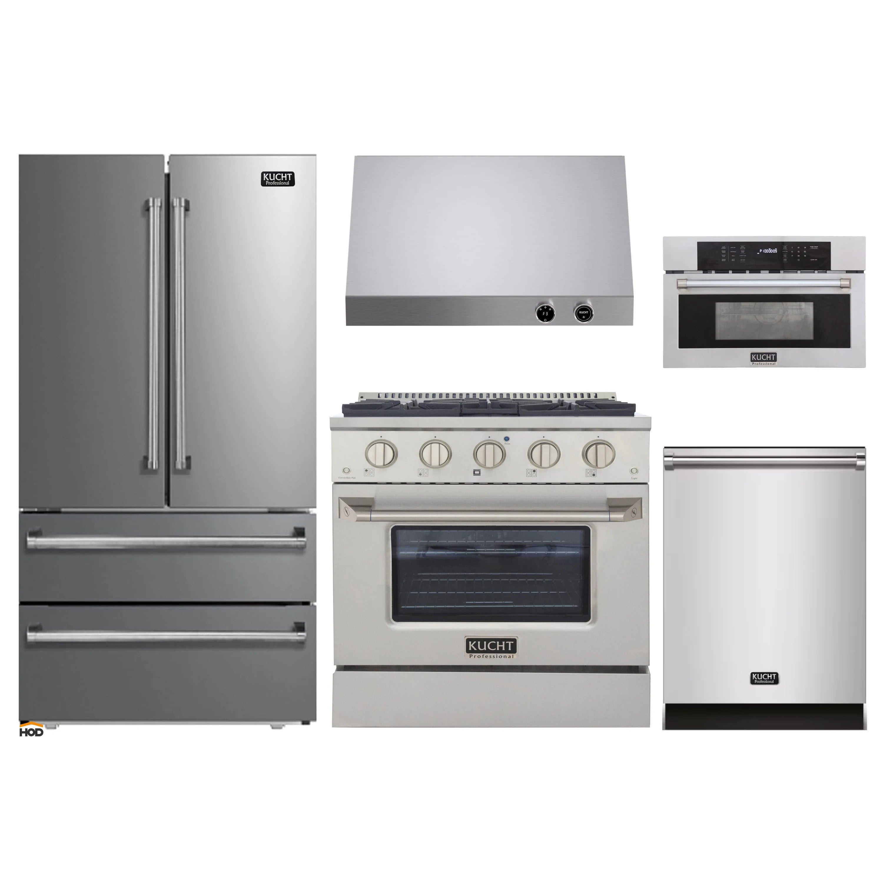 Stainless steel kitchen appliance package with gas range, oven, refrigerator, dishwasher, microwave hood